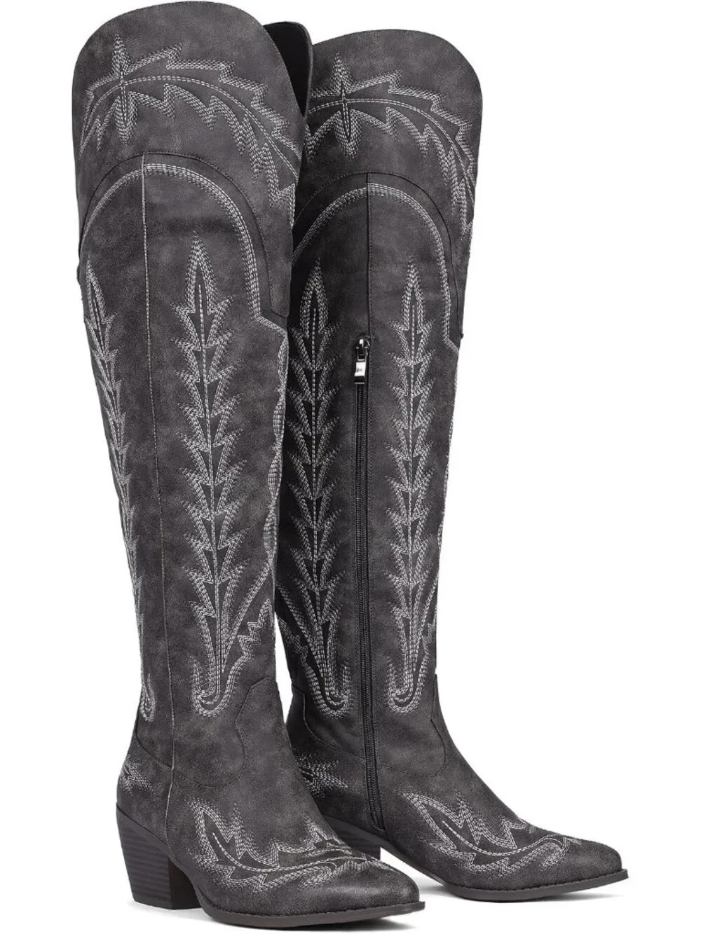 Women's Black High Thigh Embroidered Western Pointed Toe Chunky High Heel Boots